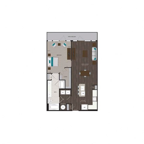 Floor plan for 1 bed, 1 bath, 863 sqft